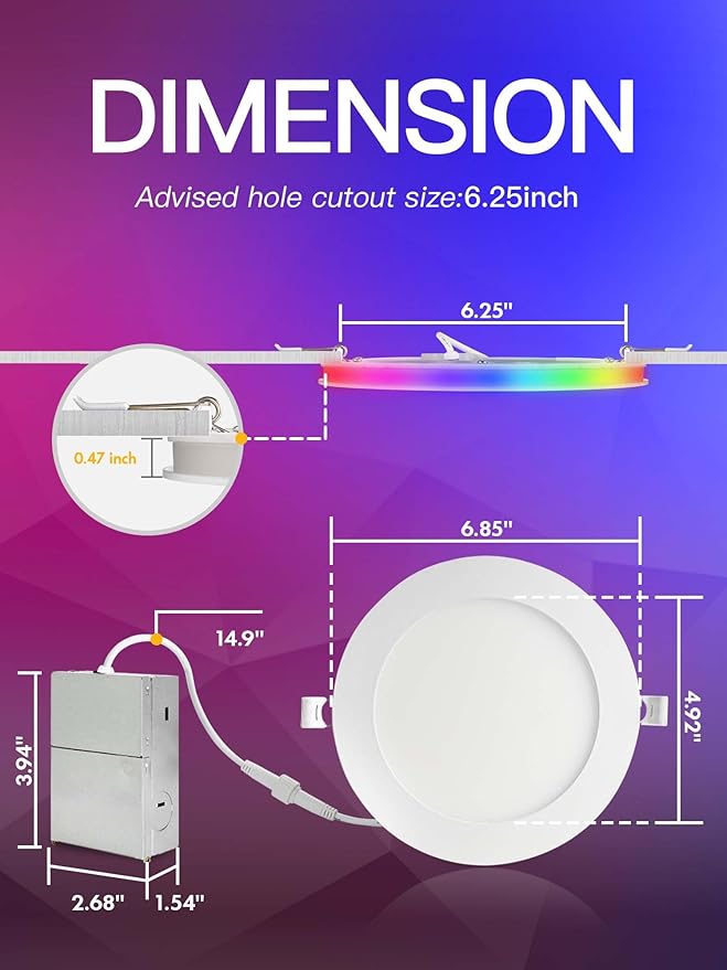6 Pack 6 Inch Smart LED Recessed Lighting with RGB Back Light, 12W 1200LM Smart LED Recessed Lights with Junction Box, 2700K-6000K Color Changing Work with Google Assistant/Siri, Hub INCL
