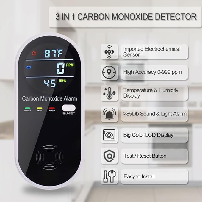 Carbon Monoxide Detectors, Carbon Monoxide Detector Plug in with Temperature Humidity Sensor Built-in, CO Level Monitor Alarm with Clear LCD Display Sound & Light Warning for Home/Hotel/RV