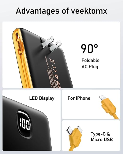 VEEKTOMX Portable Charger with Built in Cables 10000mAh, Power Bank for iPhone with Wall Plug, Travel Essential Fast Charging USB C Slim External Battery Pack for iPhone16/15/14, Samsung, iPad, etc