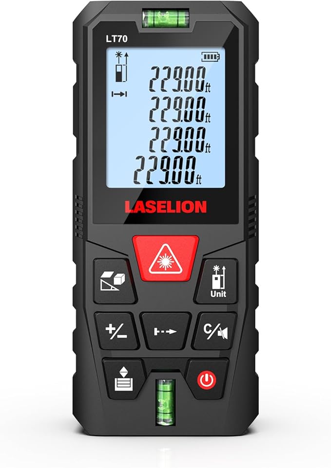 LT70 Laser Distance Meter – 70m (229ft) Range, High Accuracy, Multiple Measurement Modes, Built-in Level Bubble, Handle Laser Distance Measurement Tool,Mute Function (229ft)