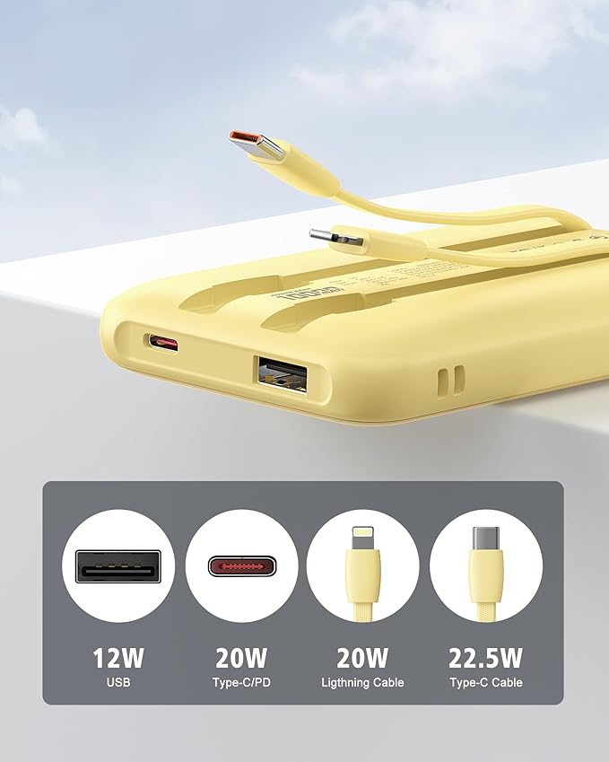 Portable Charger 10000mAh, Cell Phone Portable Power Banks with 22.5W PD Fast Charging, Compact Phone Charger Built in Cable, Compatible with Apple, Samsung, Google, Motorola and More-Yellow