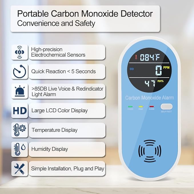 Plug in Carbon Monoxide Detectors 2 Pack, KH Alert 3-in-1 Carbon Monoxide Detector with Temperature and Humidity Sensor, Portable CO Monitor for Home/Apartment