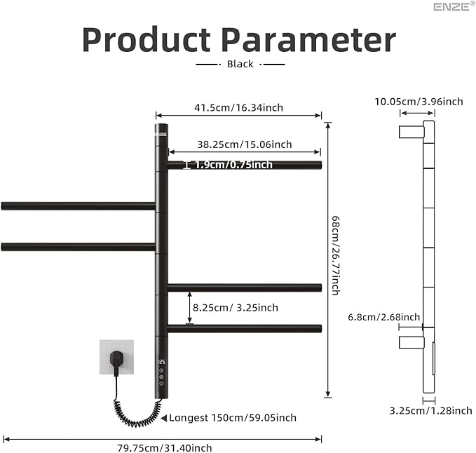 ENZE Smart Rotating Heated Towel Rack for Bathroom, Wall-Mounted Electric Towel Dryer with Swivel Bars, Smart Timer, Low Carbon Steel, IPX5, Plug-in/Hardwired, Towel Warmer with Wi-Fi App Control