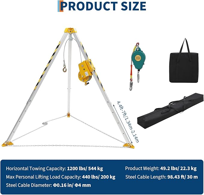 Confined Space Tripod Kit, 1200 lbs Winch, 7' Legs & 98' Cable, Steel Confined Space Rescue Tripod with 33' Fall Protection, Storage Bag for Traditional Confined Spaces Safety