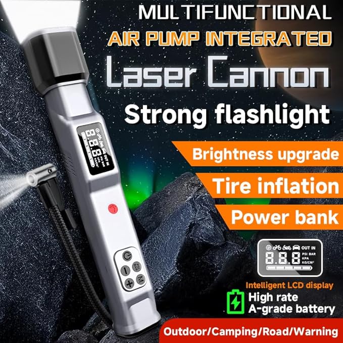 Portable Air Pump & Tire Inflator 3-in-1 Emergency Tool Kit – High-Power LED Flashlight, 150 PSI Cordless Compressor, 12 V DC & Rechargeable Battery, Digital Pressure Gauge for Car, Bike, Motorcycle,