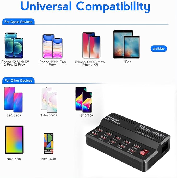 MaxLax USB Charging Station,10 Port 60W Multiple USB Charger Station,Multi Ports Charger Charging for Smartphones,Tablets,and Many Devices.