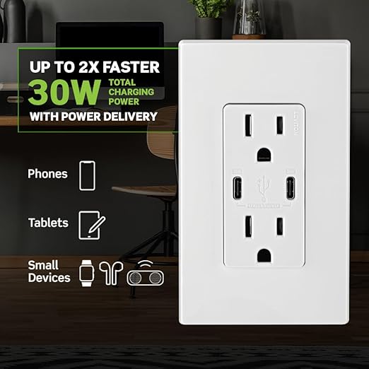 Leviton T5635-G 30W (6A) USB Dual Type-C/C Power Delivery In-Wall Charger with 15A Tamper-Resistant Outlet, USB Charger for Smartphones, Tablets, Laptops, Gray