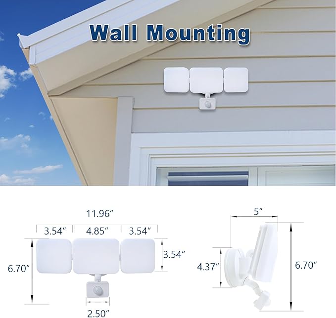 EMANER Outdoor Motion Sensor Light, LED Security Light 45W Exterior Dusk to Dawn & Motion Detector Adjust, 3-Head Frosted Lens 5000K, Corded Floodlight for Garage/Porch/Front Door, (1-Pack, White)