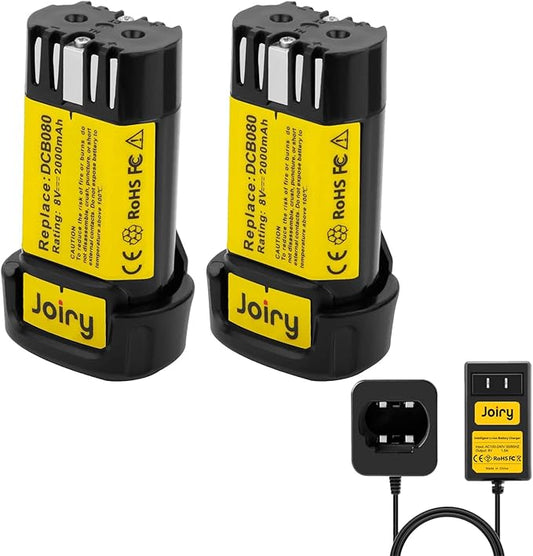 Joiry 2-Pack 8V 2000mAh Li-ion Replacement Battery & Charger Set with Higher Safety & Longer Runtime - Compatible with Dewalt DCB080, DW4390, DCF680N1, DCF680N2 DCF680G2 Cordless Power Tools