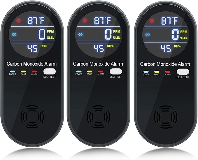 3 Packs Carbon Monoxide Detectors, Plug in Carbon Monoxide Detector Travel with Real-time Digital Display, 3-in-1 Portable CO Detector Alarm with Temp Humidity Sensor, Easy to Read & Install