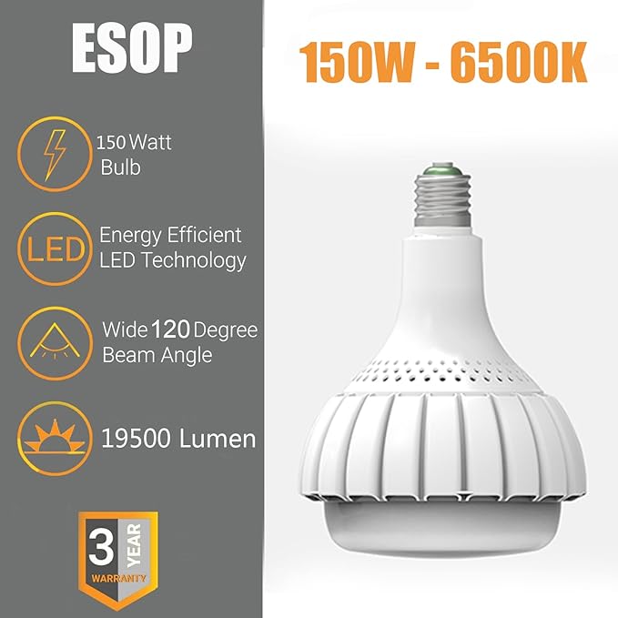 150W E39 Mogul Base LED Bulb, E39/E26 Super Bright Light Bulbs 6500K Daylight 19500LM Equivalent 1200Watt HPS/Metal Halide, High Lumen LED Bulb for Commercial Warehouse Workshop Factory Backyard Barn
