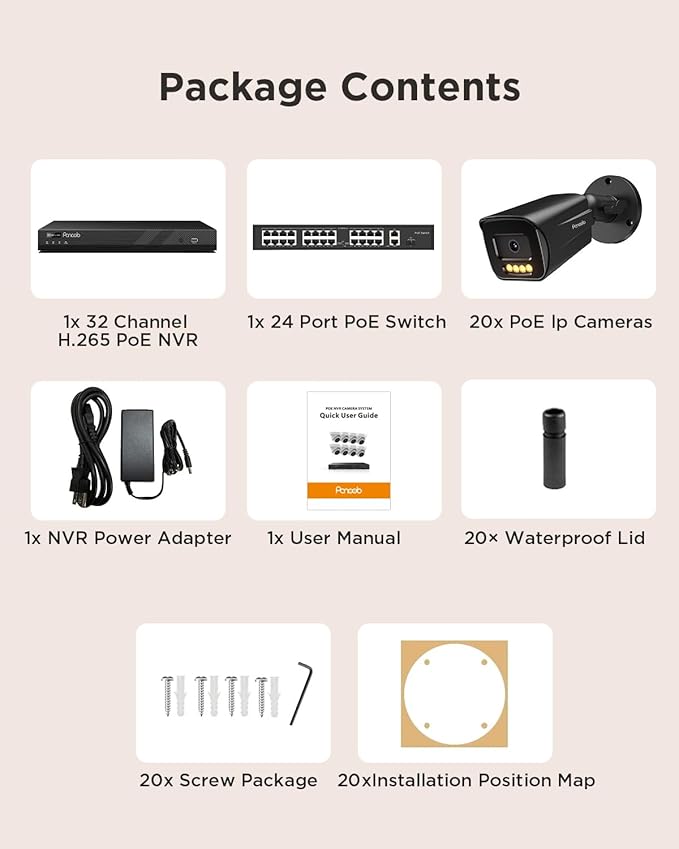 32 Channel Security Camera System, 20pcs 5MP PoE IP Bullet Camera, Smart Color Night Vision, 2 Way Audio Talking, AI Human Vehicle Detection, Remote Access, 4K 32CH NVR 8TB HDD, PB65B2032-5MD