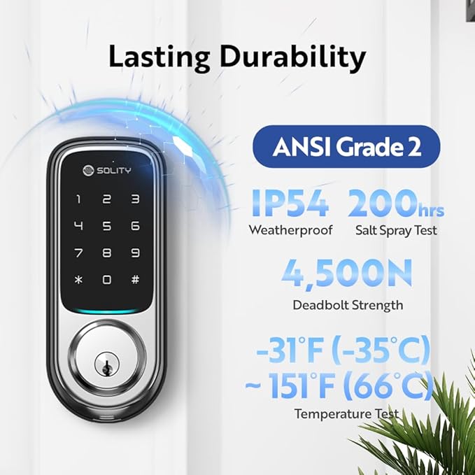 Solity No-Hub Smart Digital Door Lock, Designed in Korea, Keyless Entry, Wi-Fi, Remote Control, Touchscreen Keypad, Auto Lock, IP54 Waterproof GT10K Keypad (Satin Nickel)