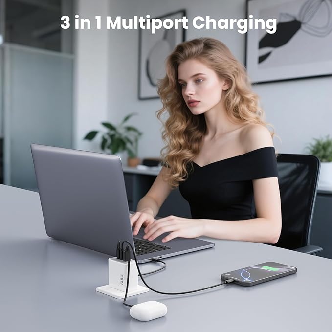 130W USB C Charger Block,3-Port GaN Fast Charger,Compact Foldable Type C Fast Charging Wall Charger,PD QC 65W USB C Laptop Charger for MacBook Pro/Air,iPad Pro,iPhone16/15,Galaxy Series etc(White)