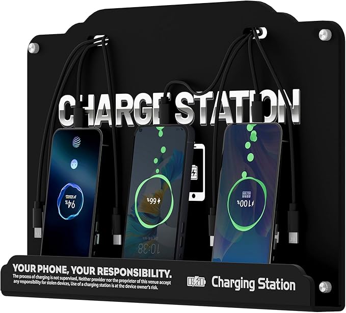 Wall Mounted 8 Port Charging Station with Fast Charigng Cables – Multi Device Charging Dock for Office, Hotel & Public Spaces | Compatible with iPhone ipad Smartphone Tablets Android Port (Black)
