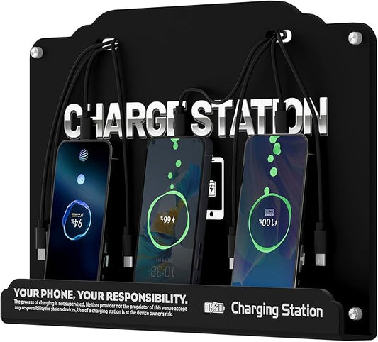 Wall Mounted 8 Port Charging Station with Fast Charigng Cables – Multi Device Charging Dock for Office, Hotel & Public Spaces | Compatible with iPhone ipad Smartphone Tablets Android Port (Black)