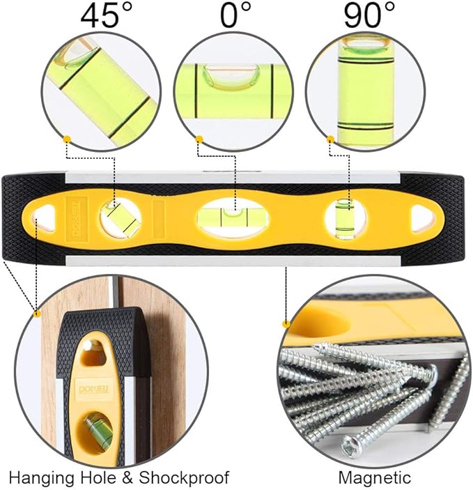 DOWELL Magnetic Level Shockproof Torpedo Leveler Box Spirit 9 Inch Top Vial Alloy Frame 180 90 45 Degree Bubble