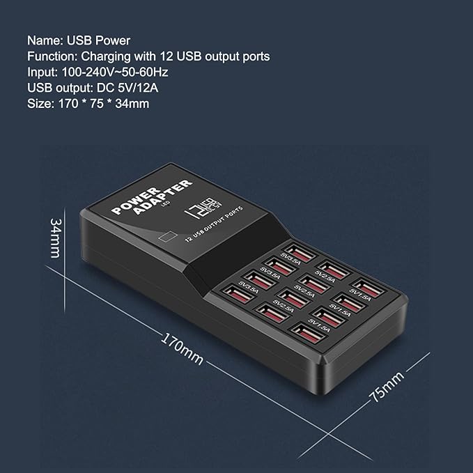 MaxLax USB Charger Station,12-Port 60W Multiple USB Charging Station,Multi Ports Charger Charging for Smartphones,Tablets,and Other Devices.
