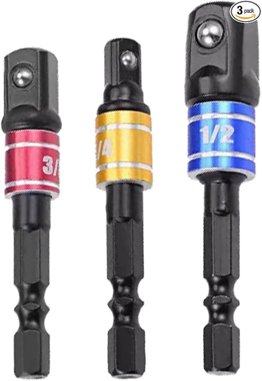 Impact Socket Adapter Set with 3 joint sockets (1/4", 3/8", 1/2") that transforms your power drill into a high-speed nut driver. Includes drill adapter and extension set for versatile use