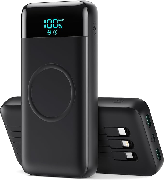 Wireless Portable Charger 40800mAh with 3 Built-in Cables,7-in-1 15W Wireless Charging Power Bank,25W PD QC 4.0 Fast Charging USB C LCD Display Battery Pack for iPhone 16/15/13/12,Samsung,Android etc