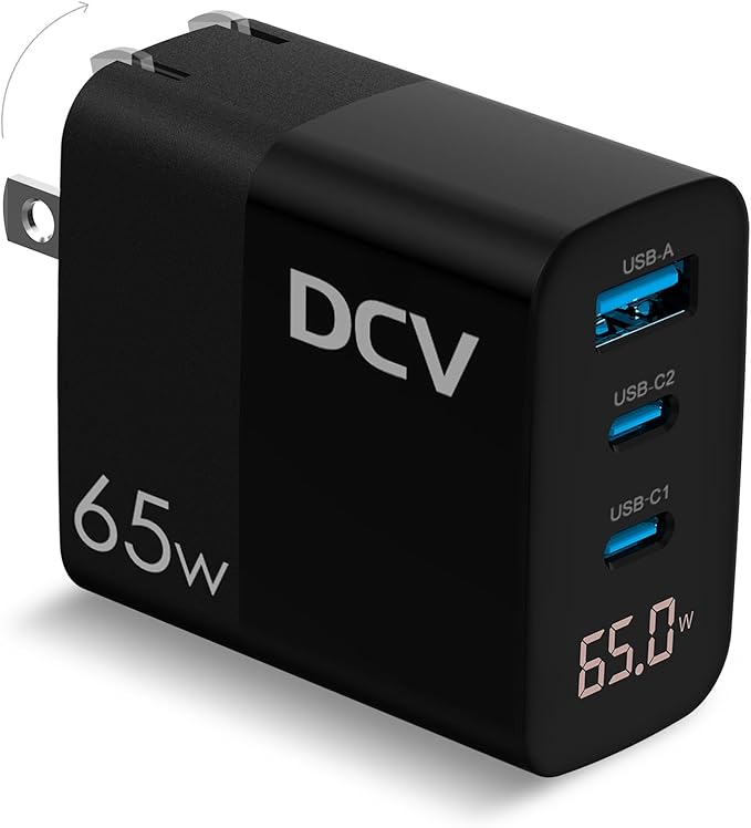 DCV 65W USB C Charger, GaN 3-Port Fast Charging Block with LED Digital Display, PD/PPS/QC 3.0 Foldable Wall Charger for Laptops, MacBook, iPhone 15/14/13, iPad Pro, Galaxy S23/S22, Note 20/10 (Black)