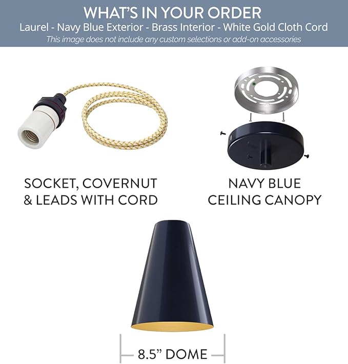 Steel Lighting Co. Laurel Pendant Light | Ceiling Mounted | 8.5 inch Cone Shade | Modern Contemporary Farmhouse Style Made in America | White Gold Cloth Cord | Navy Blue Exterior/Brass Interior