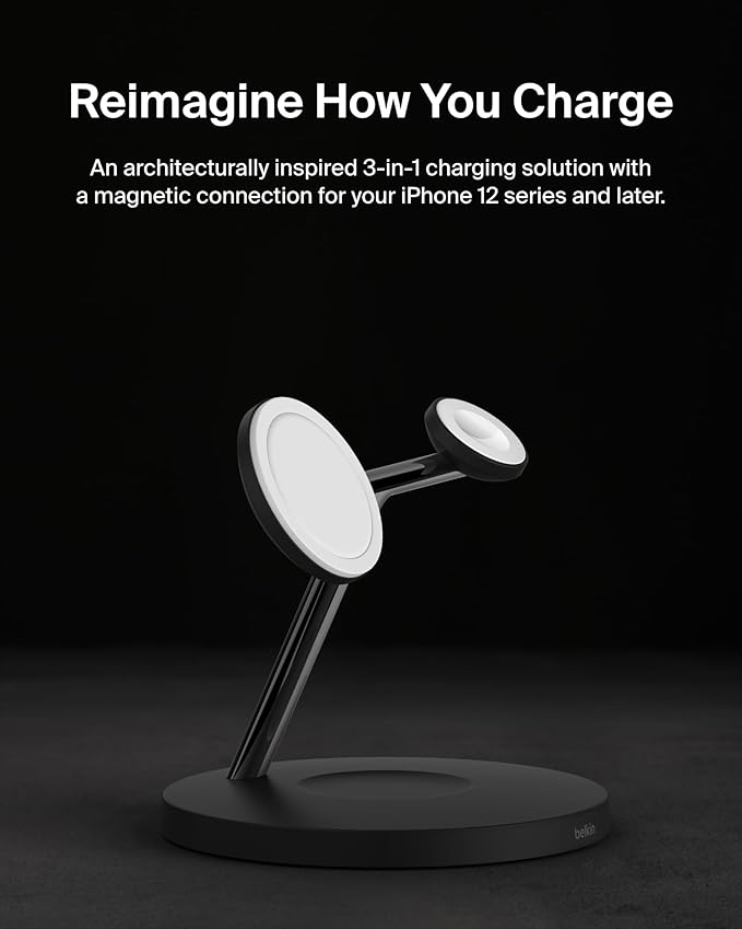 Belkin MagSafe Charger, 3-in-1 Wireless Charging Stand, 2ND GEN, 33% Faster for Apple Watch, iPhone 16, iPhone 15, iPhone 14 Series, AirPods - MagSafe Charging Station for Multiple Devices - Black