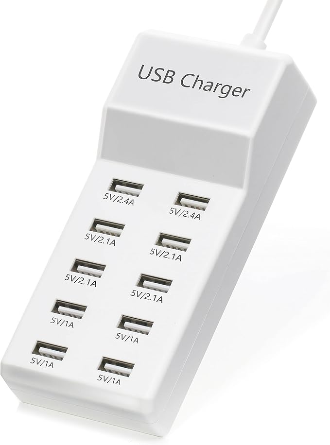 50W 10-Port USB Charging Station for iPhone 15/15 Pro/15 Pro Max/15 Plus/14/13/12/11/Xs Max/XR/X/SE White
