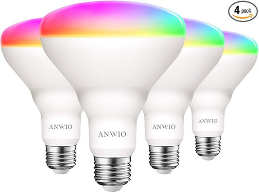 ANWIO Smart Light Bulb BR30 RGB Color Changing LED WiFi Dimmable Multicolor Light Bulbs E26 Base, Compatible with Alexa, Google Assistant, No Hub Required, 1300 Lumen 13W (100W Equivalent) 4 Pack