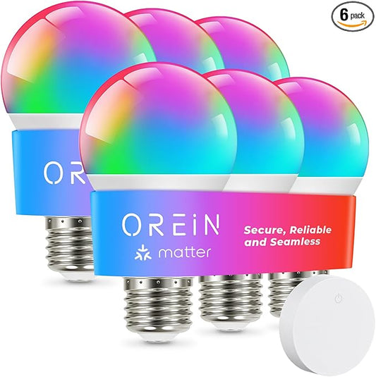 OREiN Matter Smart Light Bulb, Smart Light Bulbs with Remote Control Work with Apple Home, Alexa, Google Home, SmartThings, Color Changing Light Bulbs 2.4Ghz WiFi, 800 Lumens Equivalent 60W 6Pack