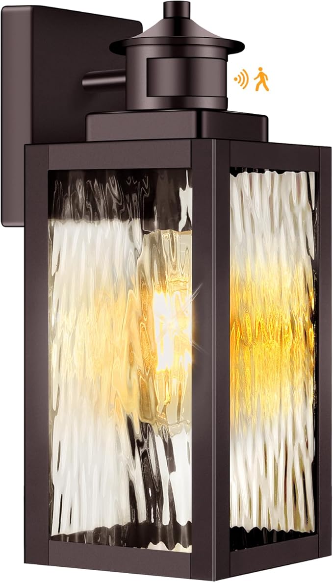 13.6" Motion Sensor Outdoor Wall Sconce Lantern, Exterior Waterproof Wall Lights Fixtures with Water-Rippled Glass, Brown Outside Mount Lighting for House, Porch, Garage, Patio, Bulbs Not Included