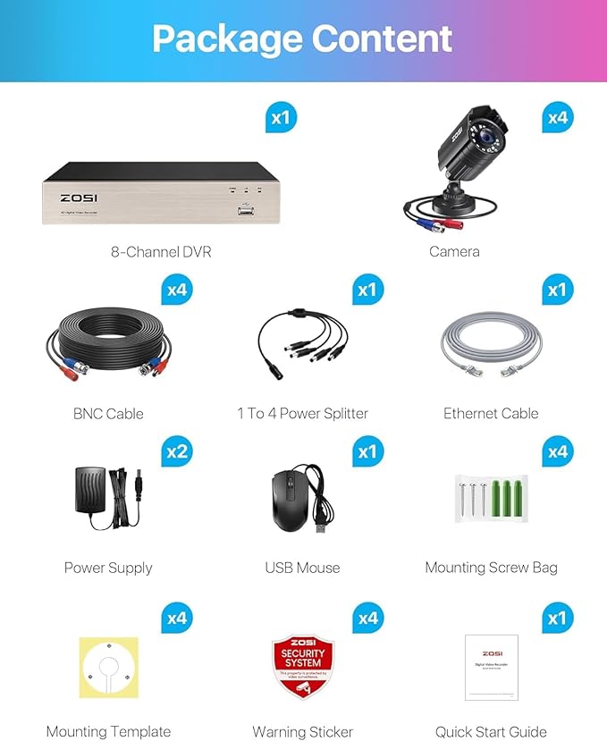 ZOSI 8CH 3K Lite Home Security Camera System Outdoor Indoor,AI Human/Vehicle Detection,Night Vision,H.265+ 8 Channel 5MP Lite Video DVR with 4pcs 1920TVL 1080P Weatherproof CCTV Cameras,(NO HDD)