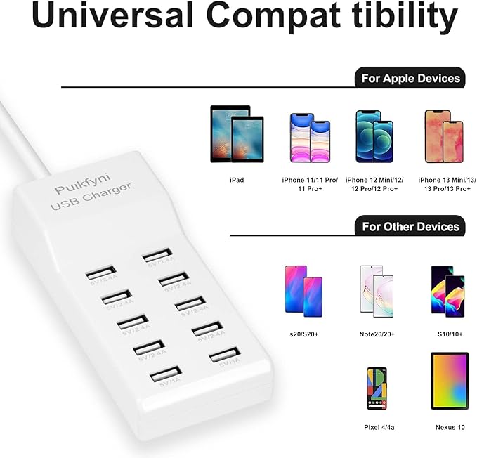 2 Pack 10-Ports USB Charger Station, Family-Sized Desktop USB Rapid Charger,USB Charging hub,Smart USB Charger for Multiple Devices,Smart Watches ,Smart Phones, Tablets (USB-A Port)