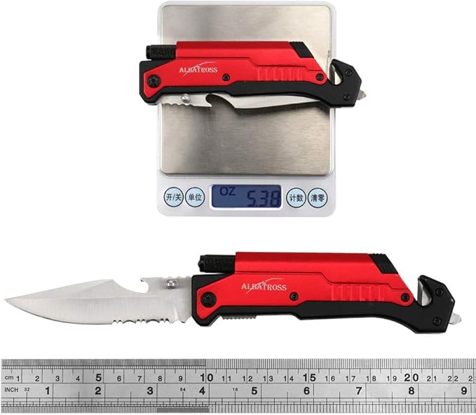 ALBATROSS Best 6-in-1 Survival Tactical Military Folding Pocket Knives with LED Light,Seatbelt Cutter,Glass Breaker,Magnesium Fire Starter,Bottle Opener;Multi-Function Emergency Tool(Red-SA)