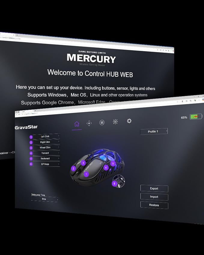 GravaStar Mercury X Wireless Gaming Mouse โ 32,000 DPI PAW 3950 Sensor, 1000Hz Polling Rate, Only 49g, Magnesium Alloy Hollow Frame, RGB Lighting, 5 Programmable Buttons
