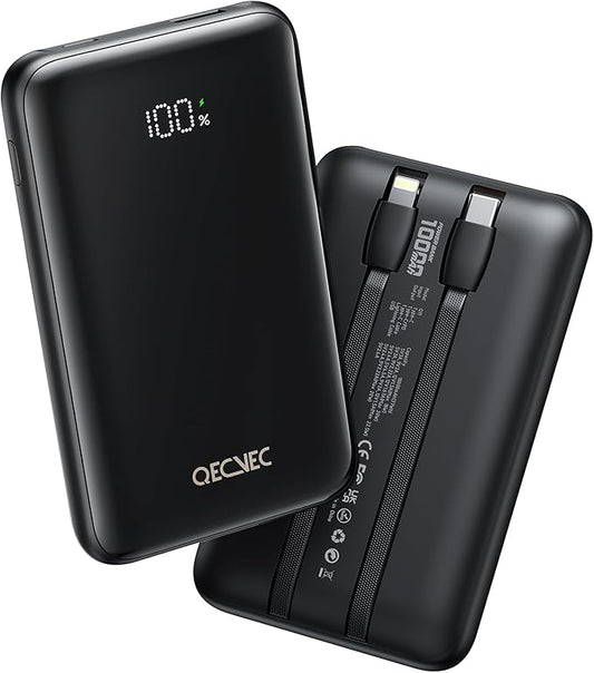 Portable Charger 10000mAh, Cell Phone Portable Power Banks with 22.5W PD Fast Charging, Compact Phone Charger Built in Cable, Compatible with Apple, Samsung, Google, Motorola and More-Black