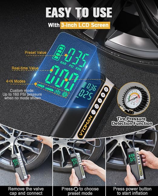 VTOMAN X6 Pro Tire Inflator Portable Air Compressor Cordless,160PSI Auto Air Pump for Car Tires with Smart Digital Pressure Gauge & LED Light, for SUV, Car, Motorcycle, E-Bike, Bicycles,Ball