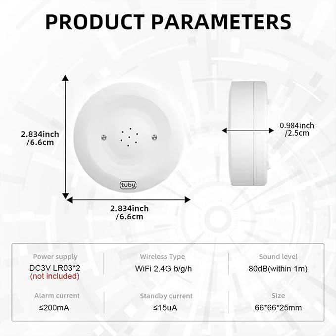 TUBY WiFi Water Leak Detector β No Hub Required, Easy Installation Smart Sensor for Home, Basement, Kitchen, Bathroom β Moisture Sensor, Wireless, IP55 80dB Alarm Flood Sensors