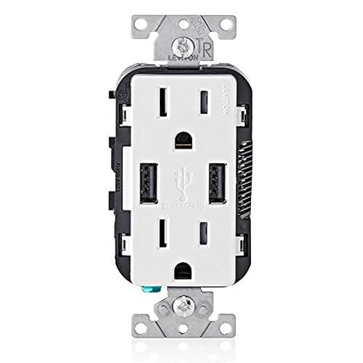 Leviton T5632-W Type-A USB In-Wall Charger with 15A Tamper-Resistant Outlet, USB Charger for Smartphones, White