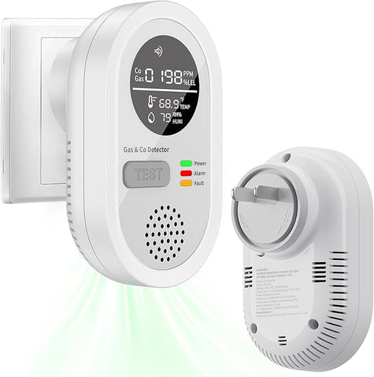 Carbon Monoxide Detectors, Plug in CO and Natural Gas Detector, Combination Gas & Carbon Monoxide Detectors with Alarm - Portable 4 in 1 CO & Gas Detector with Temperature/Humidity for Home/Travel/RV