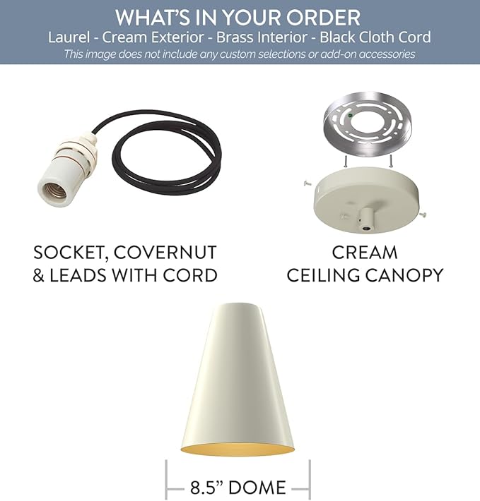 Steel Lighting Co. Laurel Pendant Light | Ceiling Mounted | 8.5 inch Cone Shade | Modern Contemporary Farmhouse Style Made in America | Black Cloth Cord | Cream Exterior/Brass Interior