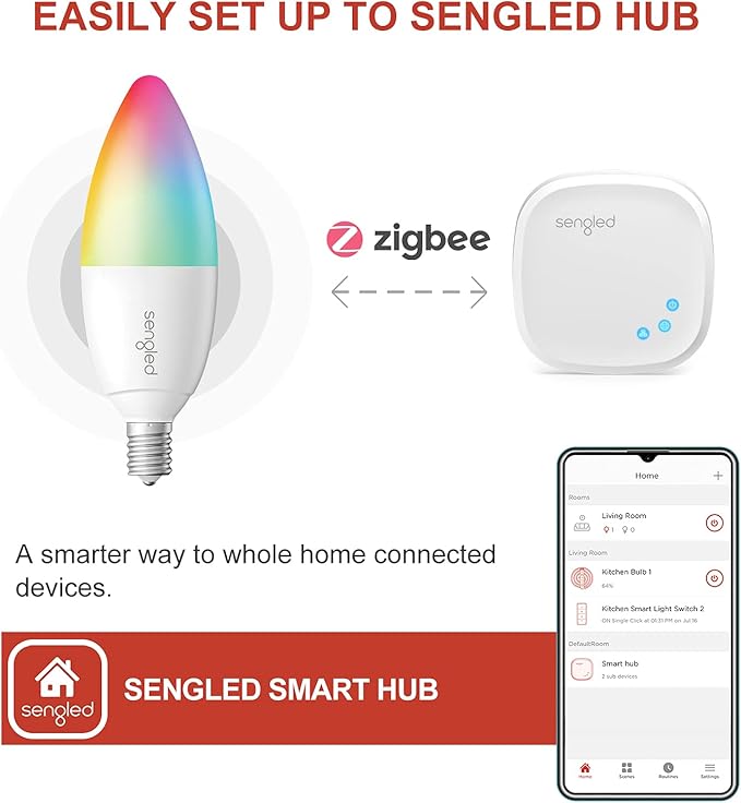 Sengled Zigbee Smart Candelabra Bulbs, Hub Required, Dimmable Multicolor E12 LED Candle Light Bulb Work with Alexa Echo(4th Gen), Echo Plus, Google/SmartThings, Voice/APP Control, 450 LM/40W Eqv. 4PK