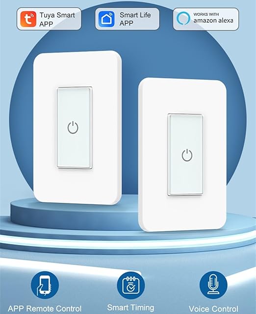 Nexete Smart Light Switch,2.4GHz Wi-Fi Single Pole Touch Switch, Timmer Voice & Smart Life App Control,Compatible with Alexa Google Assistant,Neutral Wire Required,White(Single Switch 2-Pack)