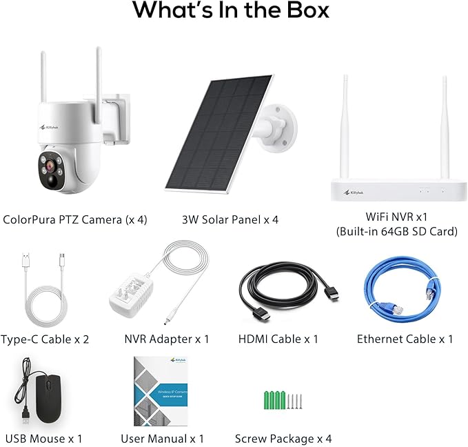 Kittyhok 2K Solar Security Camera System Wireless Outdoor, 4pcs ColorPura 360° PT Camera for Home Surveillance, Pro Color Night Vision, AI Detection, 10CH NVR, 60-Day Local Storage, No Subscription