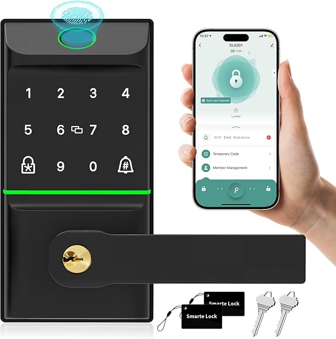 Smart Door Lock Keyless Entry 6 in 1 Electric Biometric Digital Deadbolt APP Fingerprint Touchscreen Keypad IC Card Key Type-C Charging Unlocking for Front Doors Home