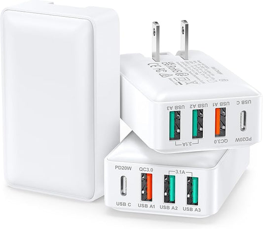 Flat USB Wall Charger, Excgood 40W 4Port USB and USB C Fast Charging Block PD+QC Foldable Wall Plug Power Adapter Multiports for iPhone 16 15 14 13 iPad Galaxy S24 A54 Android Watch Earbuds-3Pack