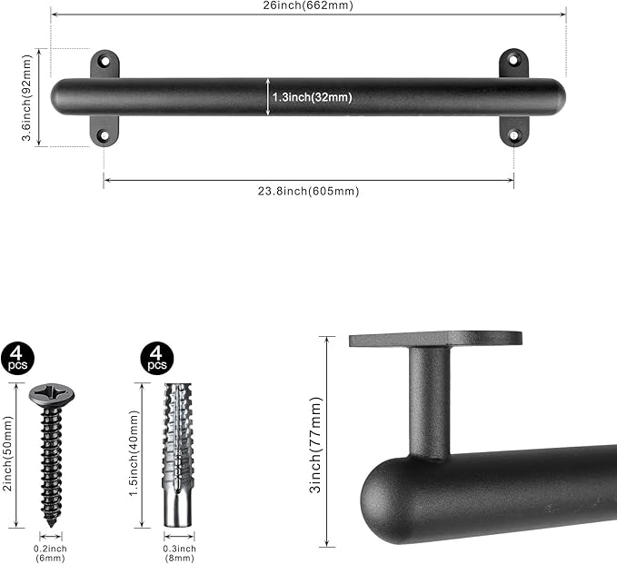 Dolibest 26 Inch Wall Mount Metal Handrail, Staircase Step Handrail, Non-Slip Safety Grab Handle, Barrier-Free Staircase Grab Bar for Elderly, Indoor & Outdoor Use, 1.3 Inch Round (Black)