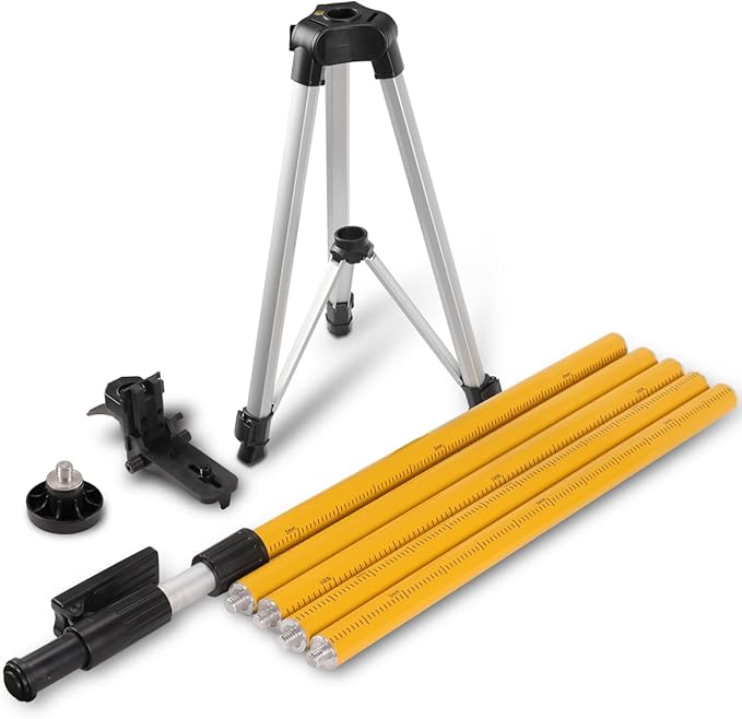 12 Ft/3.7 M Adjustable Telescoping Laser Pole, Laser Level Pole with Tripod and Bracket, 1/4"-20 & 5/8"-11 Mounts, Tripod with Bubble Level & Carry Case for Rotary/Line Lasers