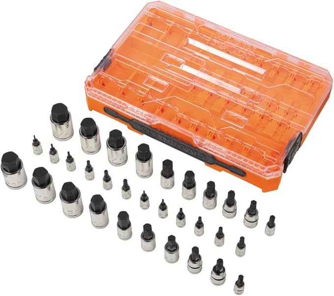 Klein Tools 65233HEX Hex Bit Socket Set, 1/4, 3/8, 1/2-Inch Drives, Knurled, SAE (5/64 to 3/4 inch) and Metric (2 to 19mm) with MODbox Case, 32-Piece