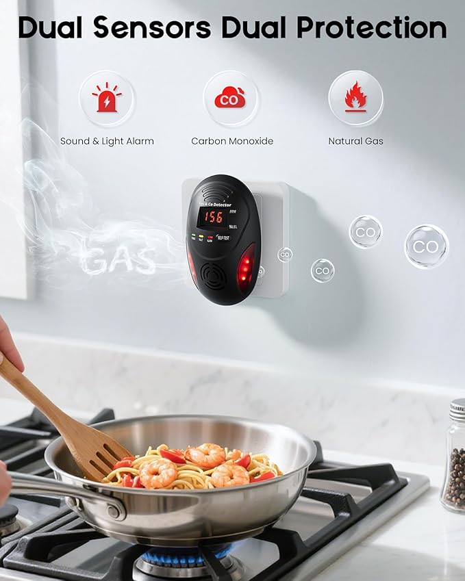 Carbon Monoxide Detectors and Natural Gas Detector, Carbon Monoxide Detectors Plug in, Dual Alarms Gas Leak Detector with Light - Natural, Co Leak Detection for Home, RV Essentials, Black, 1Pcs